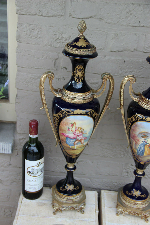 XL pair French sevres blue porcelain romantic victorian Vases marked lion head