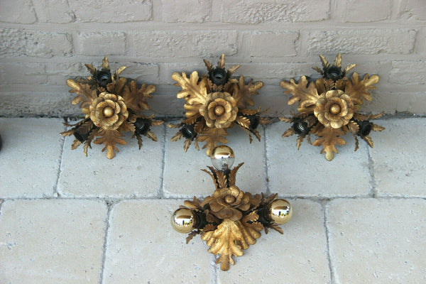 Lot 4 Hollywood regency Wall lights sconces Leaf gold gilt attr. maison jansen