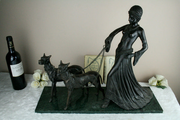 Huge XL Bronze 1930 Art deco lady statue dogs leash on marble base