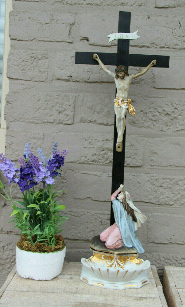 Antique 19thc french vieux paris porcelain Holy water font crucifix magdalena