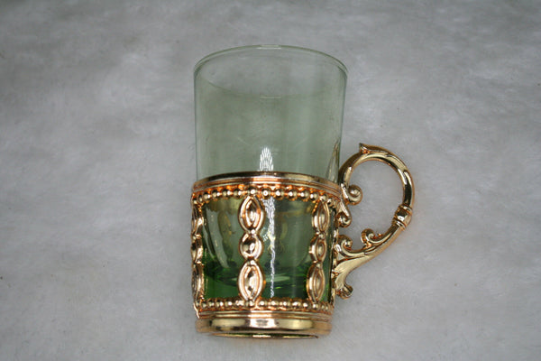 Set of 6 Vintage Green glass brass liquor Glasses set in original Box Czech 1960