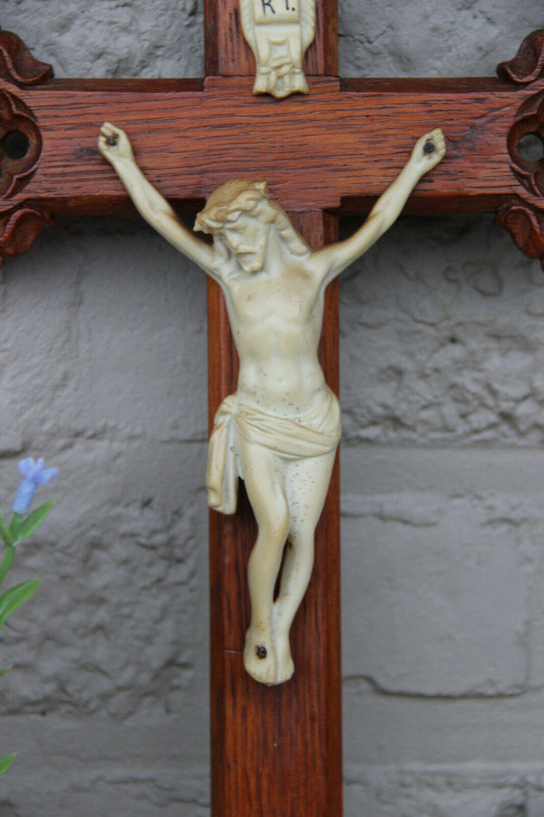 Antique neo gothic wood carved porcelain christ jesus cross religious crucifix