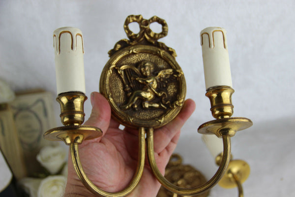 Gorgeous pair 1960's Putti angels cherubs Wall lights sconces brass louis XVI