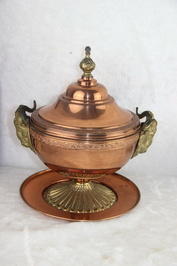Gorgeous French copper soup tureen bowl coupe on plate ram heads brass RARE