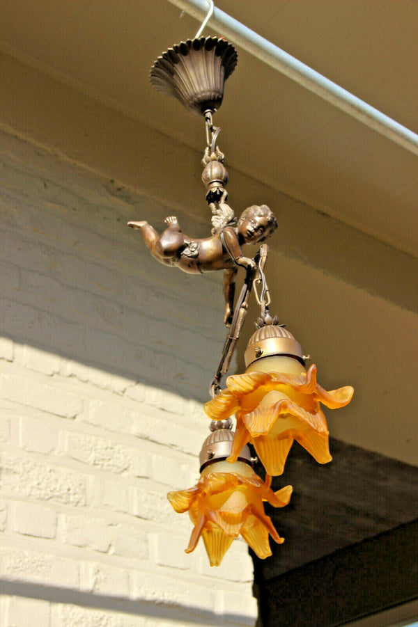 French Bronze putti angel pendant chandelier 2 arms amber glass tulip shades