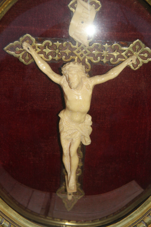 Large French religious Crucifix Cross Behind globe Framed 1950 Religious