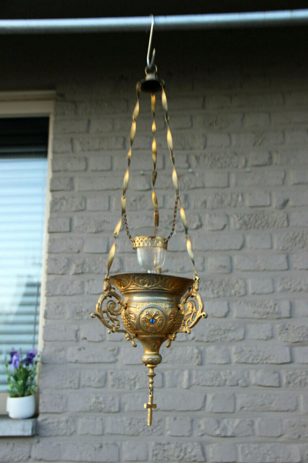 Gorgeous Religious church sanctuary altar lamp putti angels Blue stones rare