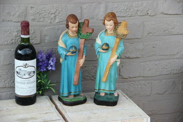 PAIR antique French chalkware Child Jesus Figurine statue with crucifix