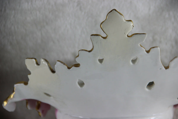 Pair large French antique 1900 Vieux paris porcelain Cornet Vases floral swans