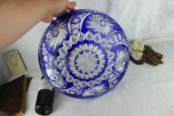 HUGE 1960 hand cut Bohemian Top crystal glass cobalt blue Fruit tray plate