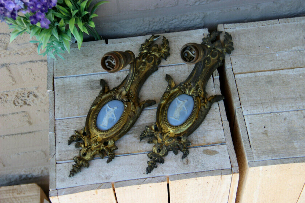PAIR antique french bronze wegdwood porcelain plaque sconces wall lights