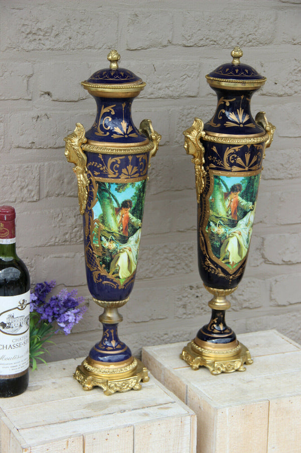 XL pair French limoges porcelain romantic scene caryatid heads Vases