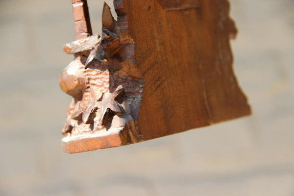 Rare BLACK FOREST wood carved Holy water font well Chapel porcelain plaque