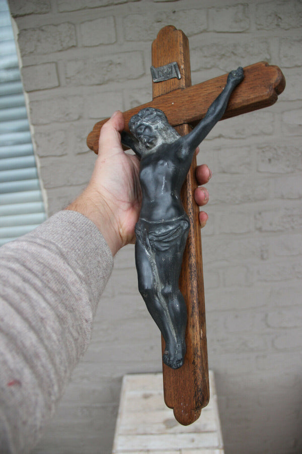 antique french religious metal and wood crucifix