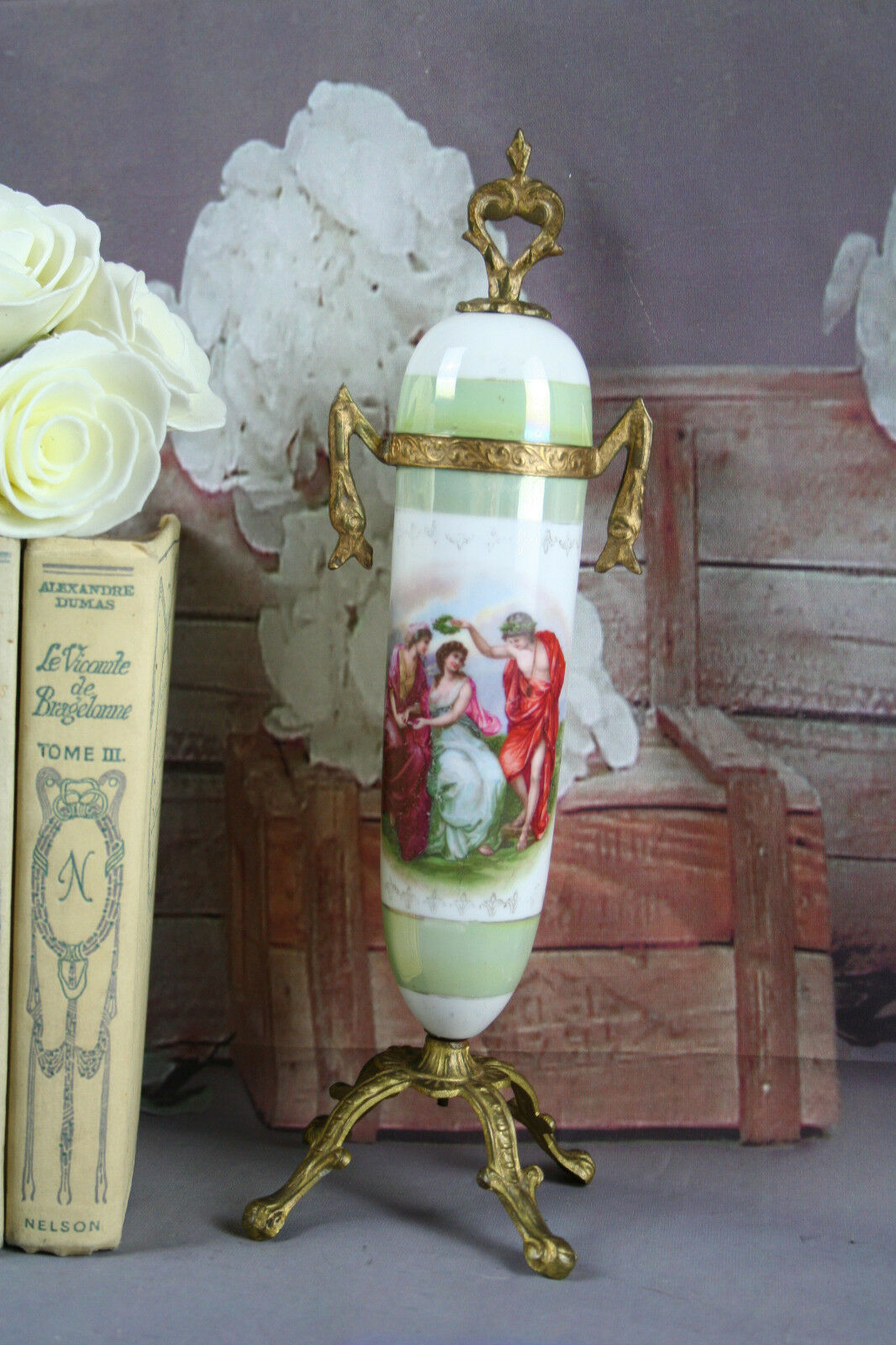 French porcelain VTG Green romantic victorian scene brass base