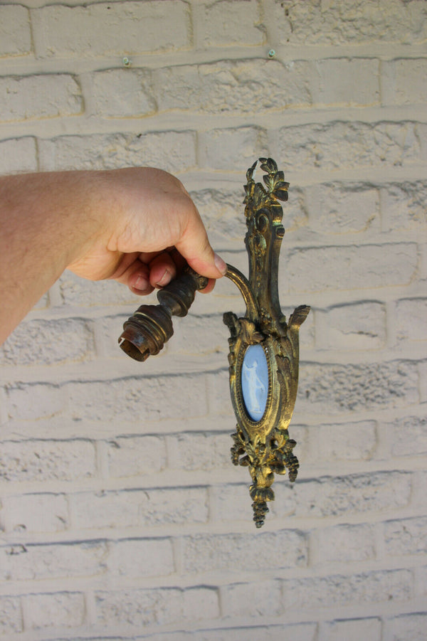 PAIR antique french bronze wegdwood porcelain plaque sconces wall lights