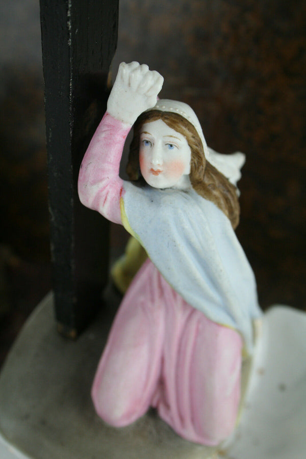 French Antique Crucifix holy water font vieux andenne porcelain 19thc