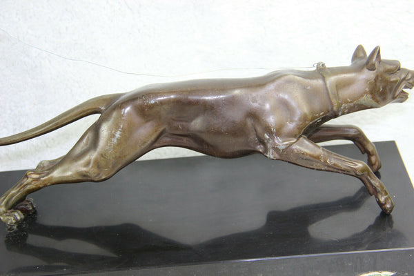 XXL French ART DECO 1930 spelter bronze lady dog on leash marble base