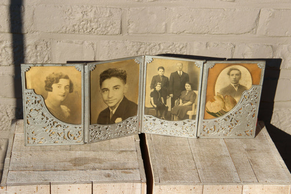 Antique french art nouveau bronze silver patina four panel picture frame putti