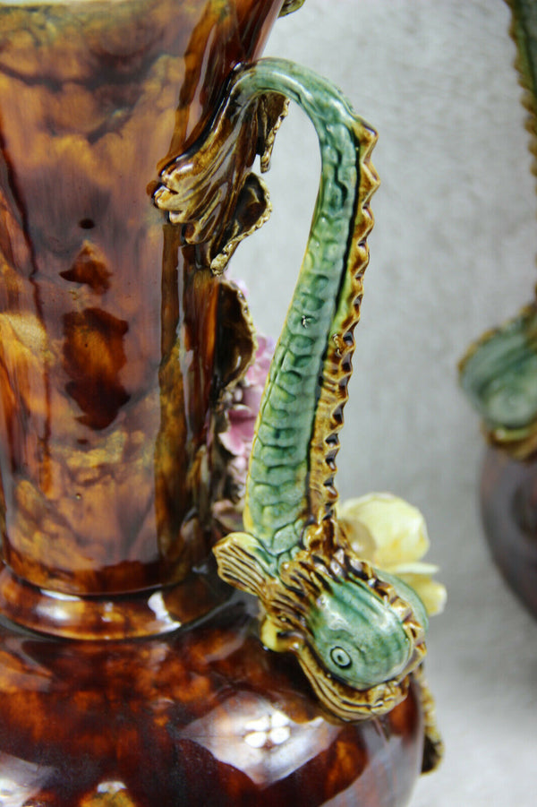 PAIR antique art nouveau barbotine majolica dolphin flowers Vases 1900 rare