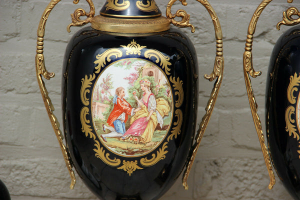 XXL PAIR French Limoges cobalt blue porcelain victorian scene vases