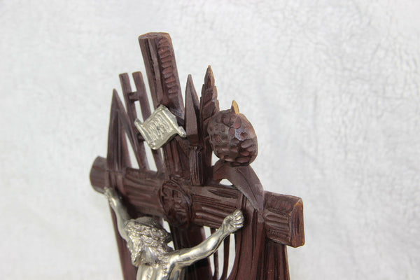 Antique German wood carved Black forest Crucifix cross religious