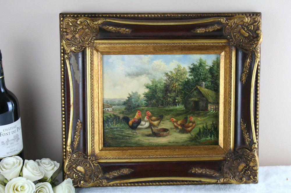 Flemish school oil panel chicken painting 1950's signed