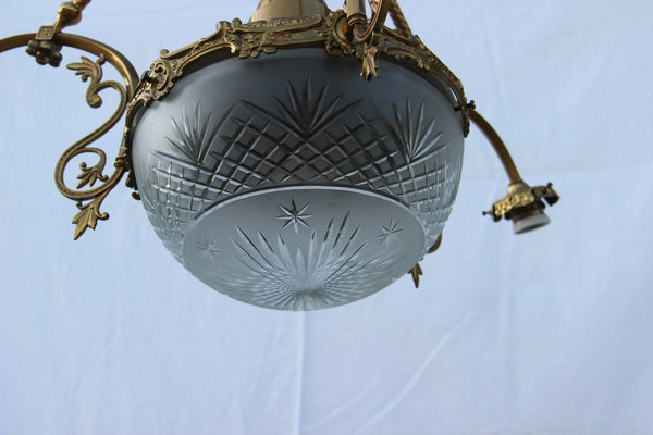 Gorgeous French vintage Brass putti figural Chandelier pendant crystal coupe VSL