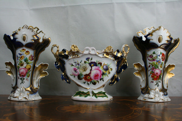 Antique SET VIEUX PARIS porcelain vases Set French Floral decor 1900