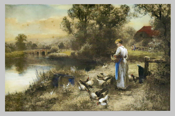 Ernest Walbourn engraving gouache painting mixed signed feeding chicken lady