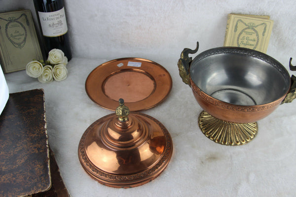 Gorgeous French copper soup tureen bowl coupe on plate ram heads brass RARE