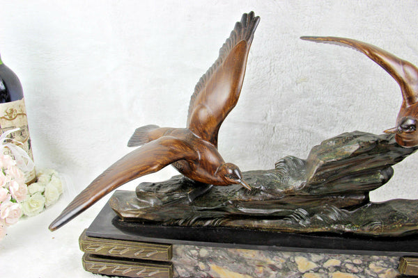 Large French 1930 art deco marble spelter bronze birds statue sculpture
