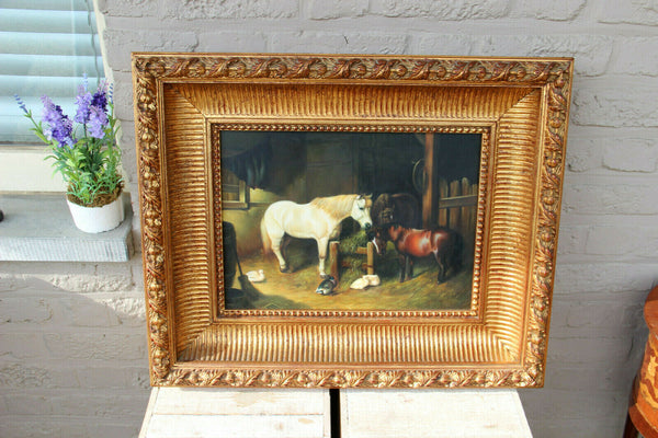 Vintage flemish oil panel painting horses duck farm scene equestrian