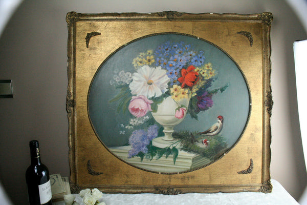 Gorgeous Flemish school Oil canvas painting birds oval framed 1970's flowers