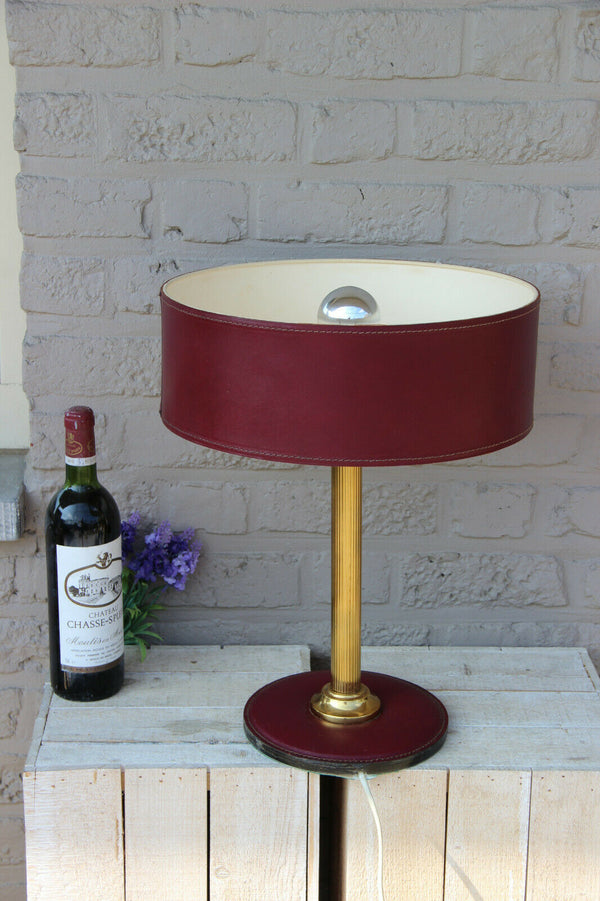 Mid-Century French Brass and Leather Table Lamp 1950 attr jacques adnet