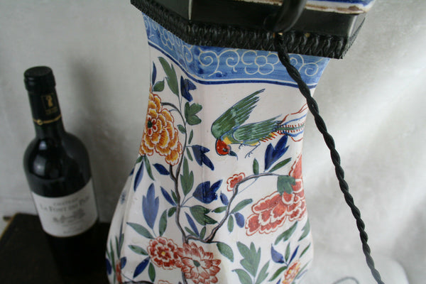 Antique polychrome Pottery Delft marked 3 leaves Vase mounted as lamp XL