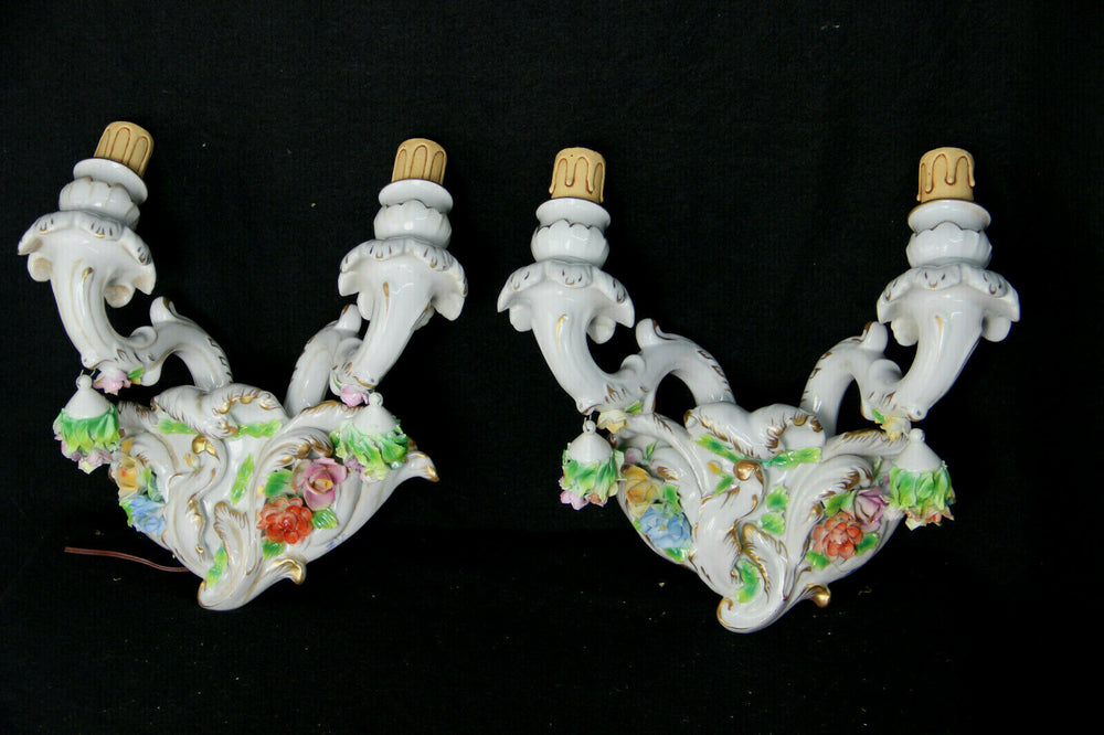 PAIR Italian capodimonte porcelain majolica relief flowers wall lights sconces