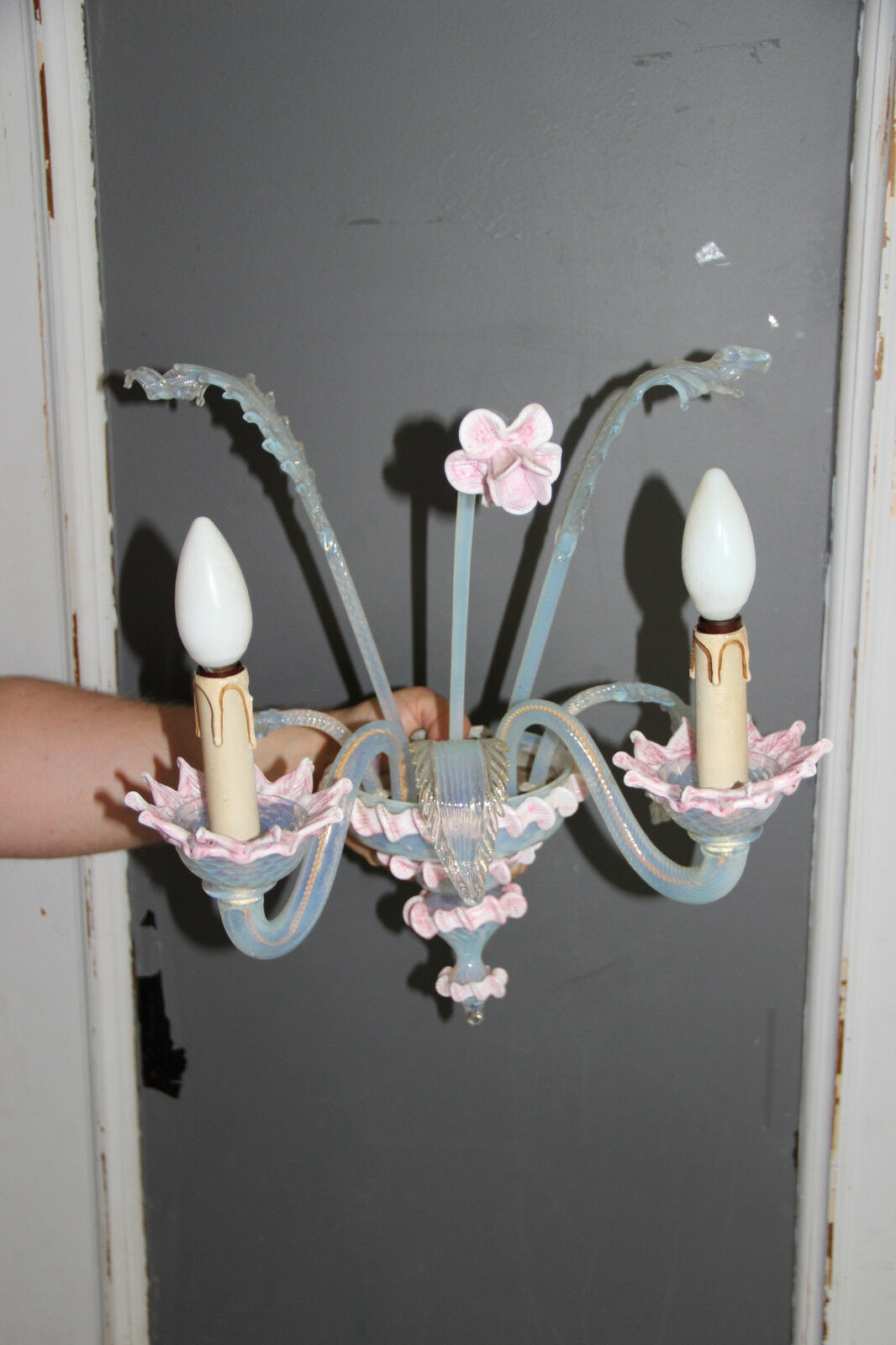 Mid century MuranoVenetian pink hand blown glass Wall light sconce no1