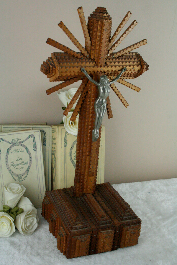 French antique crucifix wood tramp art 1945 hand made cross christ religious