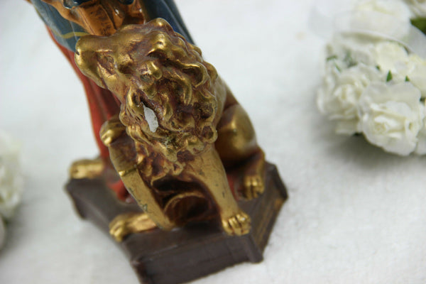 Antique chalkware Madonna Mary child lion snake statue figurine religious