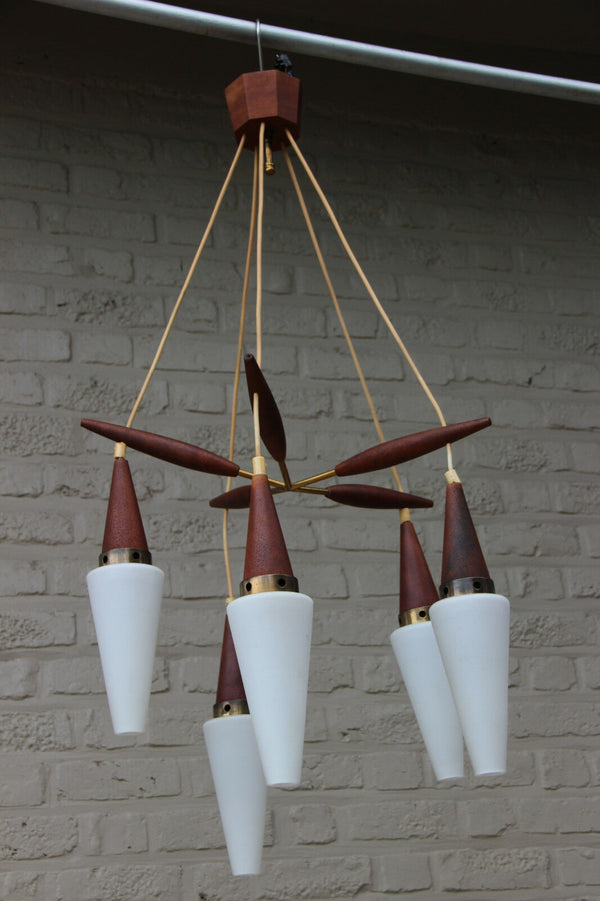 Mid century Retro Scandinavian teak wood glass pendant chandelier Louis Kalff