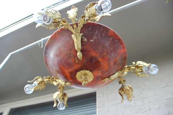 Vintage French Alabaster amber Bowl Chandelier Bronze brass 1960