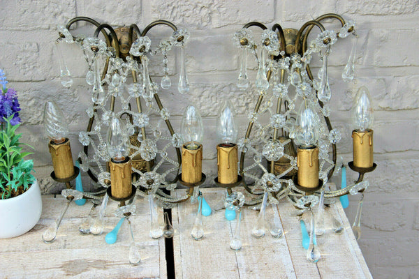 PAIR Murano turquoise glass drops flowers chains wall lights sconces 1960