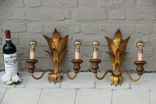 Hollywood regency PAIR Metal gold gilt wood wall lights sconces attr. jansen