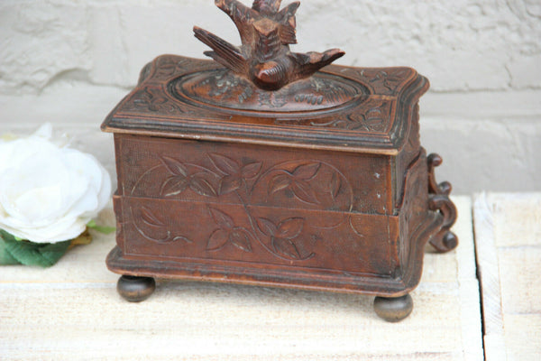 Antique Swiss black forest wood carved jewelry trinket box bird velvet