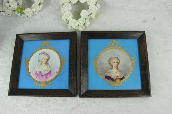 PAIR antique SEVRES porcelain maria antoinette portrait ceramic plate framed