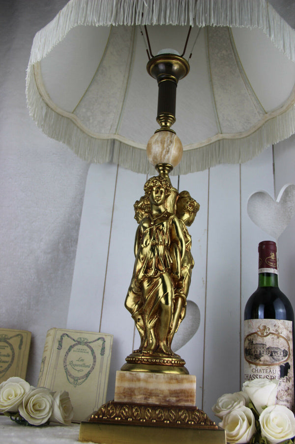 Huge Vintage 1960 French brass onyx Table lamp 3 Graces lady figurines