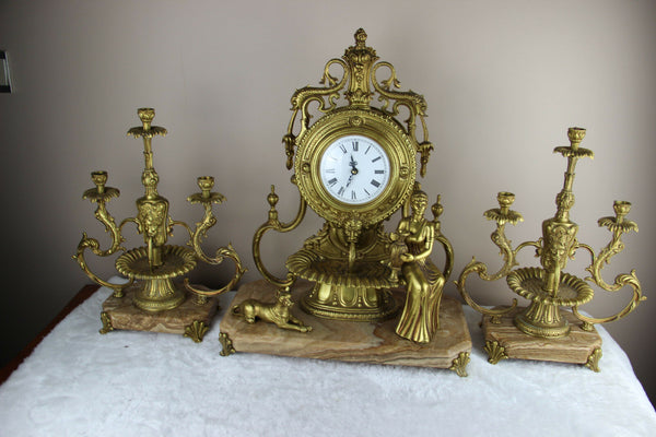 RARE french 1976 marble Lion fountain heads lady dog clock + pair candelabras