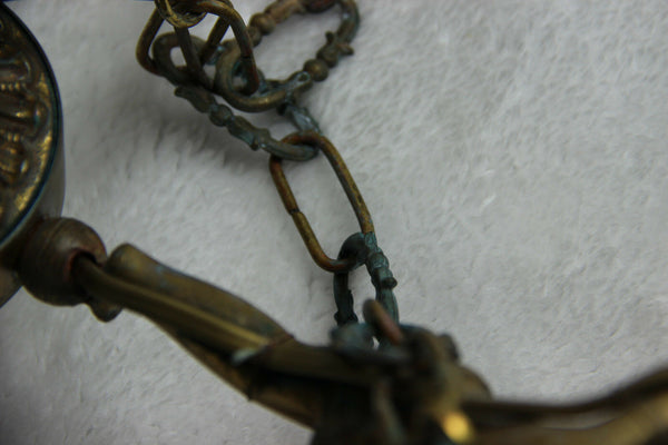 French Angel putti cherubs 3 arms chandelier pendant bronze 1960