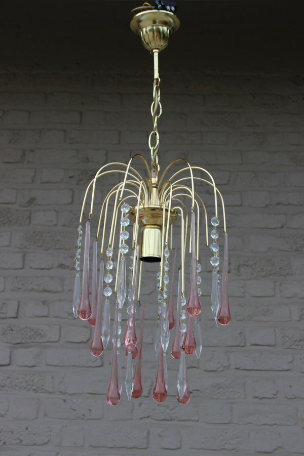 Vintage Murano drops pink Mid century Pendant chandelier brass 1970